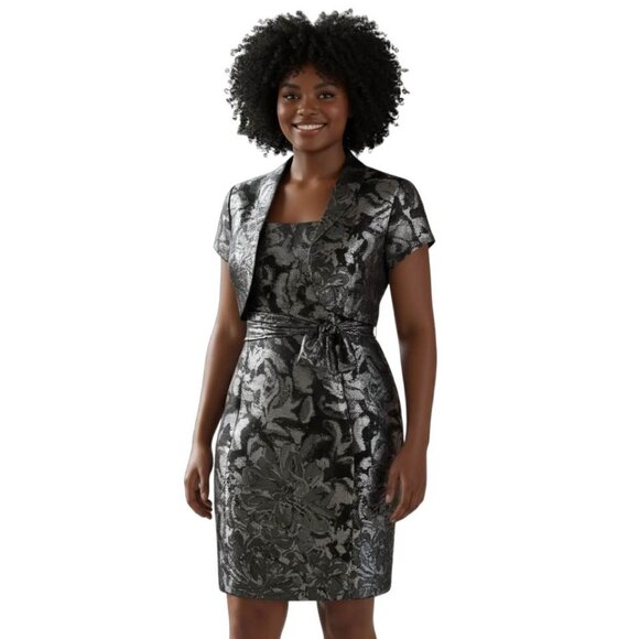 VTG 90s Black Gray Metallic Brocade Floral Sheath Dress Topper Jacket.‎ SZ 14 - Picture 1 of 16